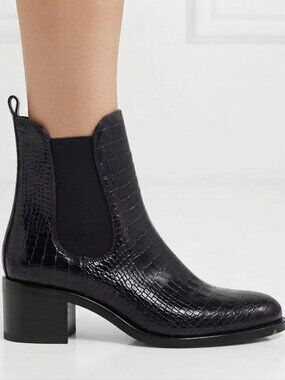 NWOT ATELIERS BLACK BRONX CROCO SNAKESKIN LEATHER CHELSEA BOOTIES - 7